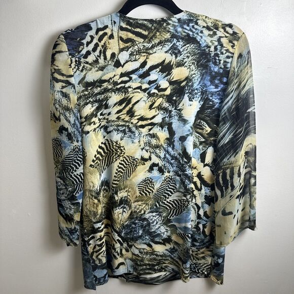 ALBERTO MAKALI Blue Green Floral Print Beaded Lace Up V-Neck Size L Sheer Sleeve - Picture 5 of 11